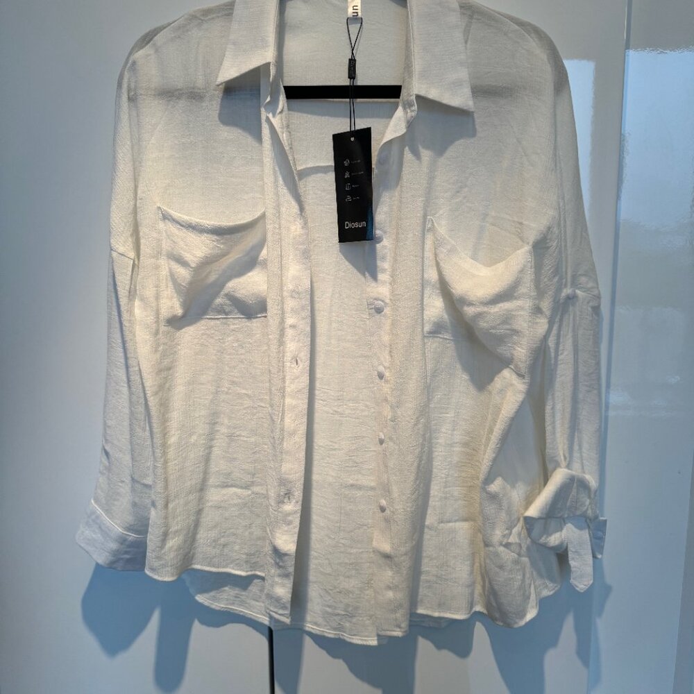 White Diosun Womens Button Down Shirts V Neck Casual Long Sleeve Roll Up Loose